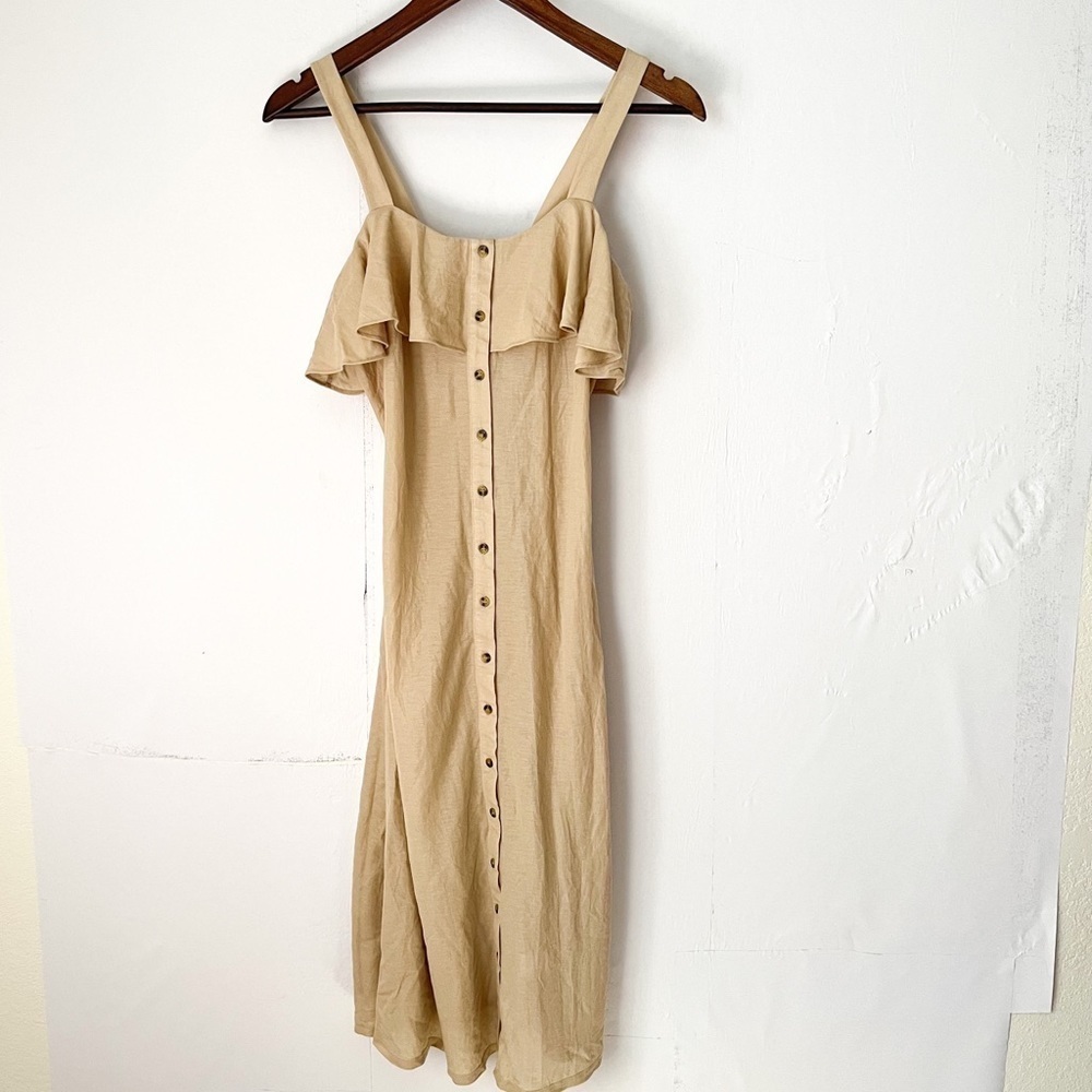 Gianni Bini Button Front Dress Women Size XS Beige Sleeveless Ruffle Bust Midi - Picture 2 of 8